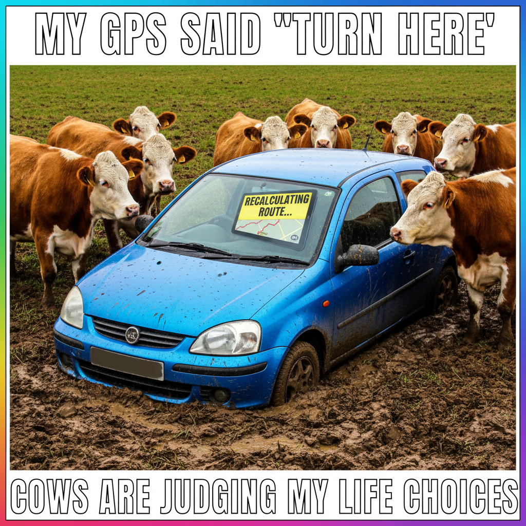GPS said 'turn left', I turned into a cow pasture. This is fine. 🐄 #RoadTripFail