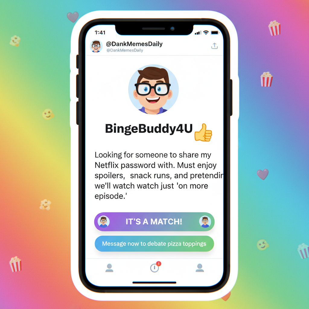 Dating app bio: 'Looking for someone to share my Netflix password with.' Instant match. 🏆