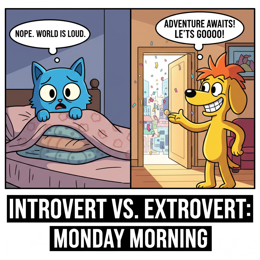 Extrovert: 'Let's go out!' Introvert: *already in pajamas, pretending to be asleep*