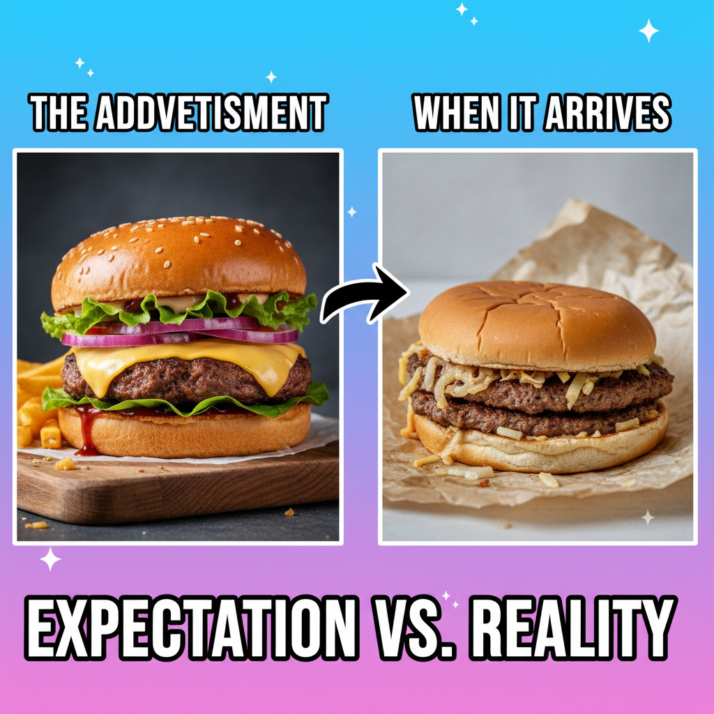 Ordered a gourmet burger. Got something that looks like it lost a fight with a truck.