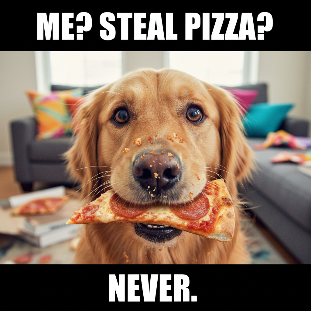 My dog just stole a whole slice of pizza off the counter. Zero regrets in his eyes.