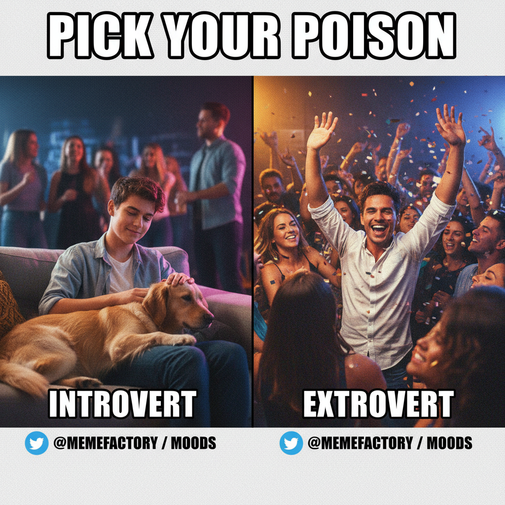 Introvert at a party: 'I just need 5 mins alone with the host's dog.' Extrovert: 'LET'S DANCE!'