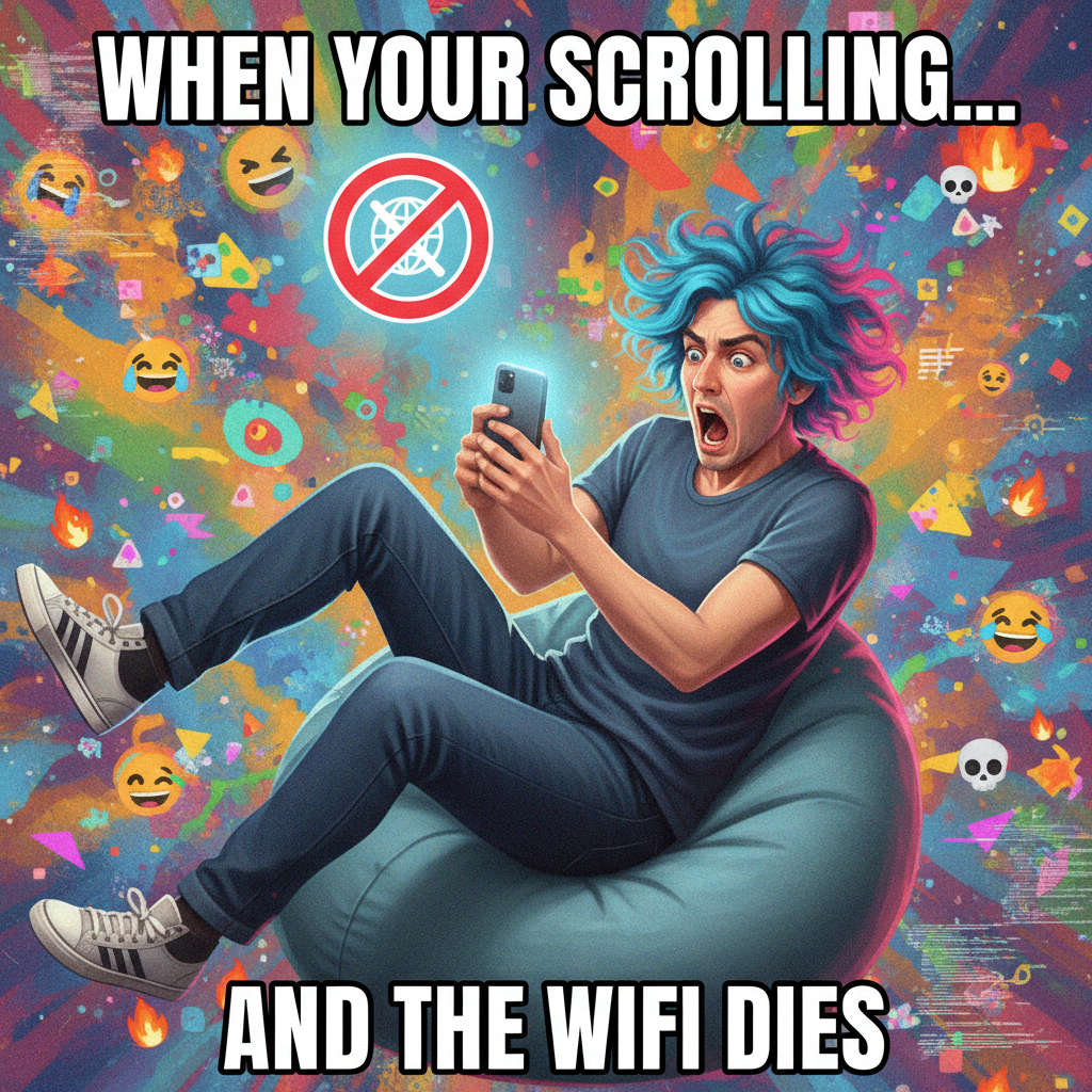 The exact moment the WiFi goes down and you realize your entire existence is online. Panic mode: ACTIVATED.
