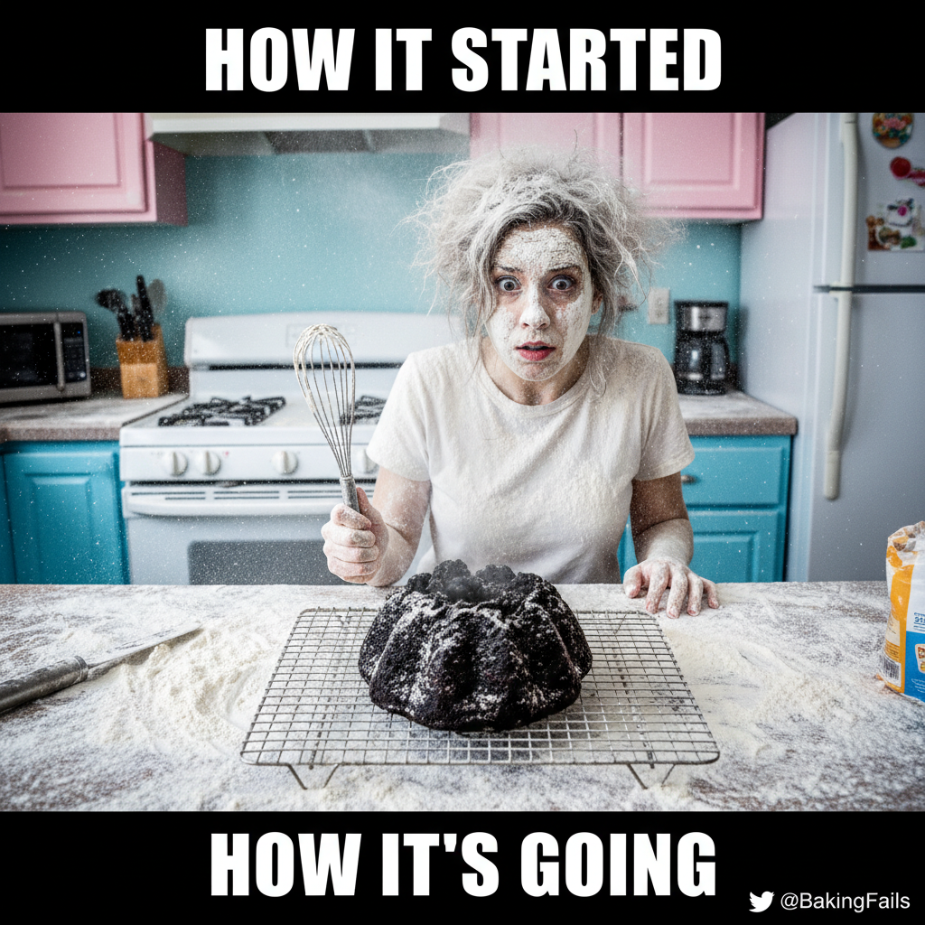 Attempted to make a 'simple' cake. Now my kitchen looks like a flour bomb exploded. Send help & fire extinguisher.