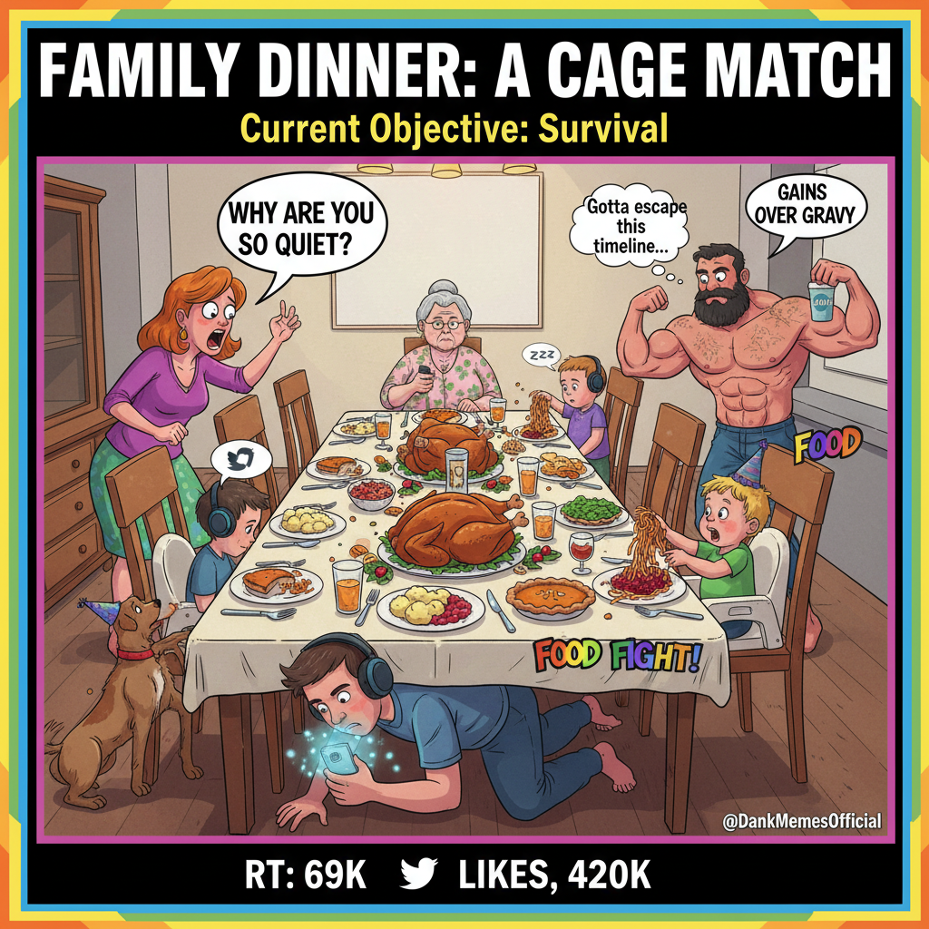 Holiday family dinner: 3 hours of awkward small talk, 1 hour of political debate, 5 mins of actual eating. #Chaos