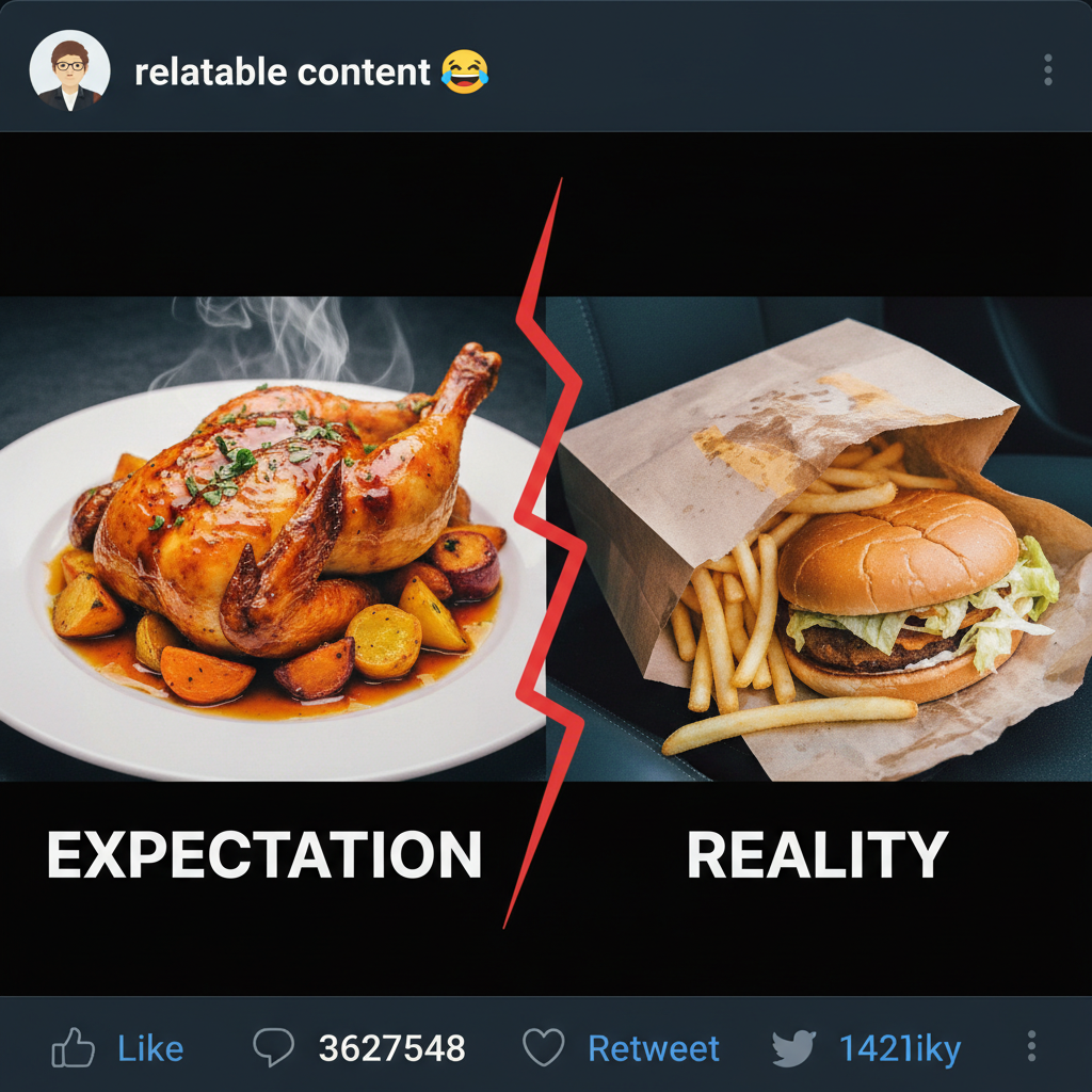 Food delivery expectation: gourmet meal. Reality: spilled bag, cold fries.