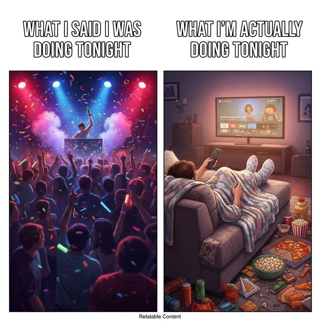 Friday night plans: wild party. Friday night reality: wild Netflix marathon. 🛋️