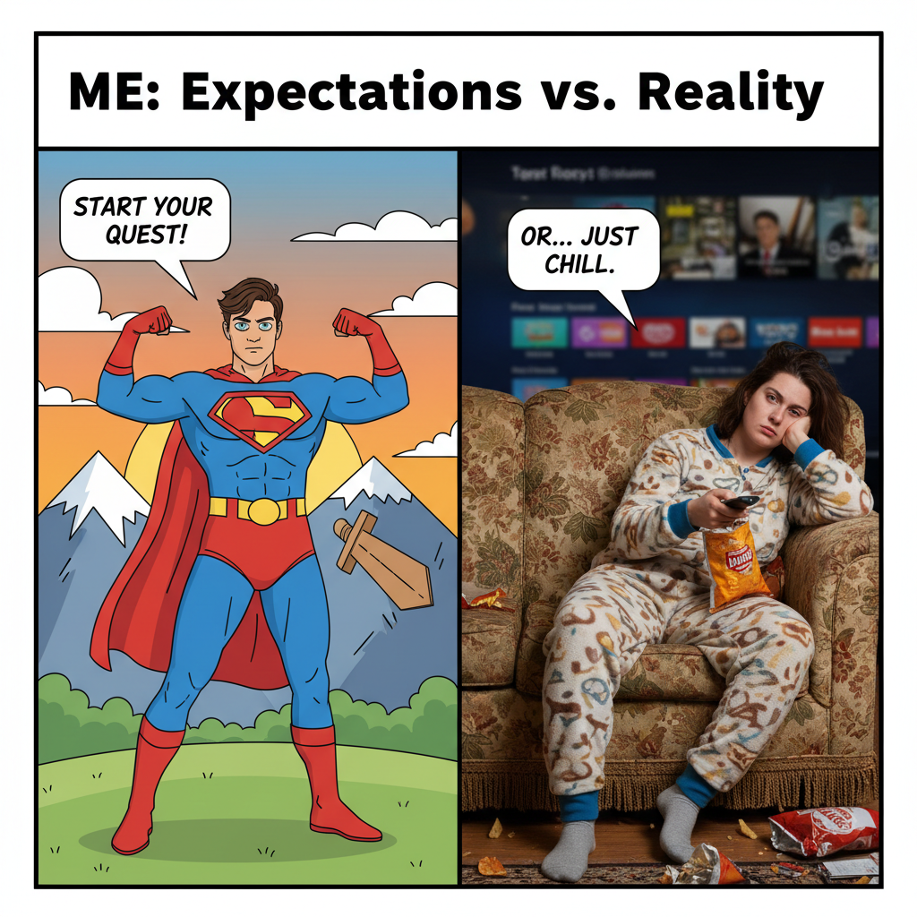 My Friday night plans: epic adventure. My Friday night reality: debating if PJs count as 'going out.'