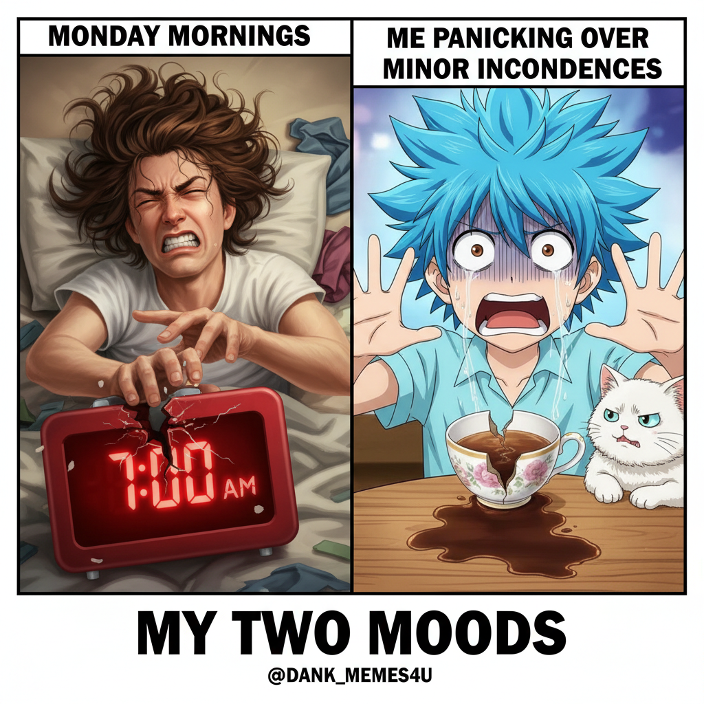 Me reacting to my alarm vs. an anime character reacting to a minor inconvenience. We are not the same.