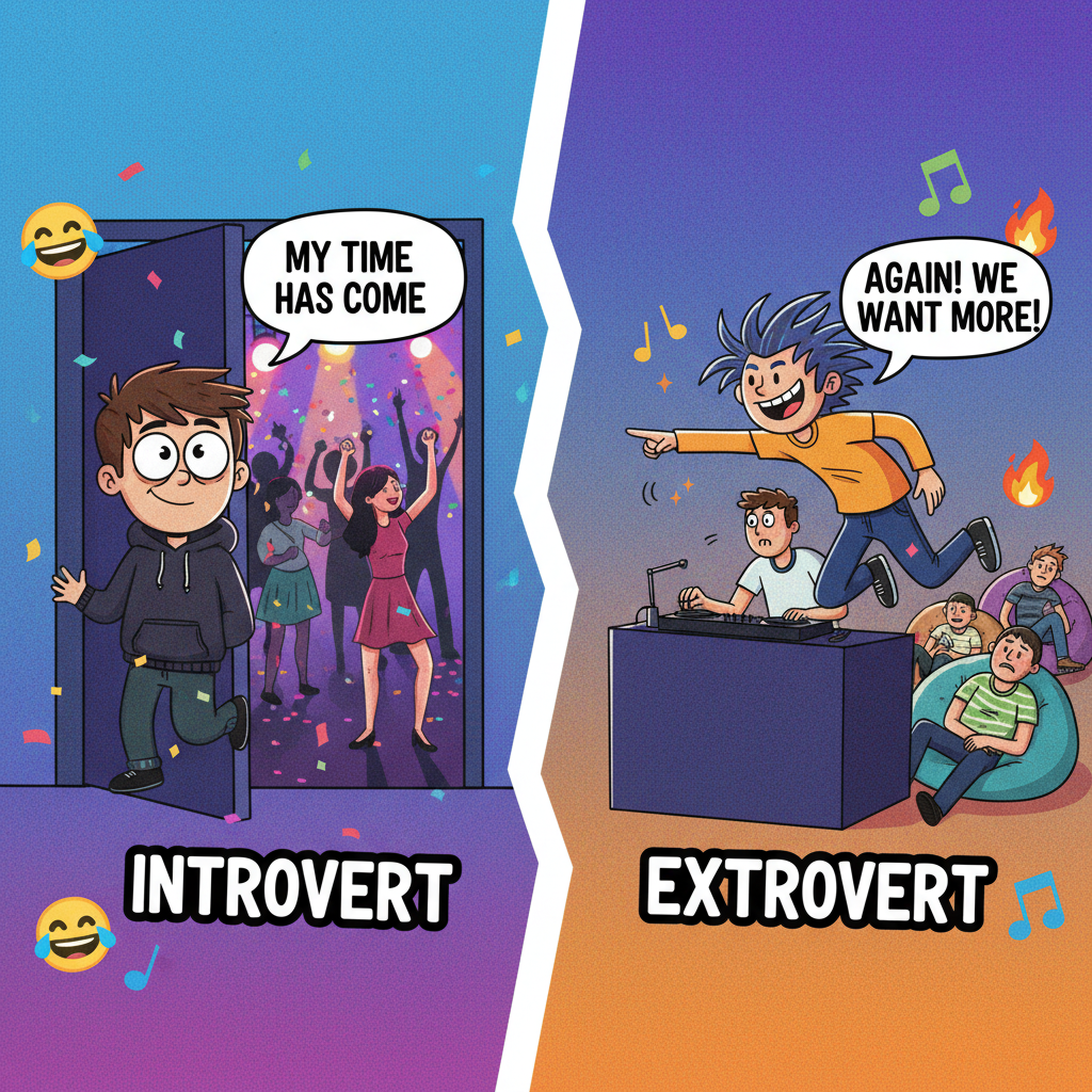 Introvert at a party: 'I've recharged my social battery. Now I must flee.' Extrovert: 'Is this the after-party?'