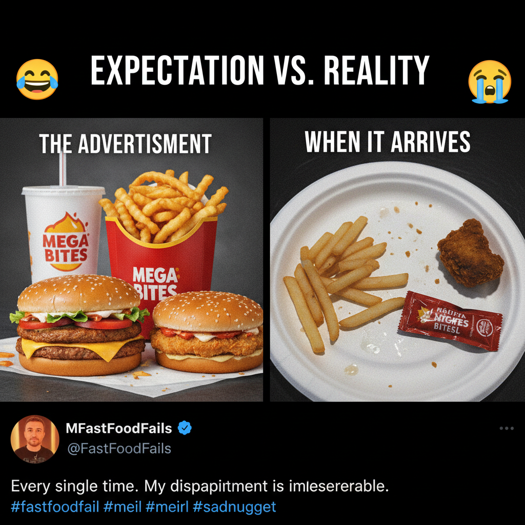 Ordered a 'feast' from the app. Got three soggy fries and a single, lonely chicken nugget. Expectation vs reality is bru