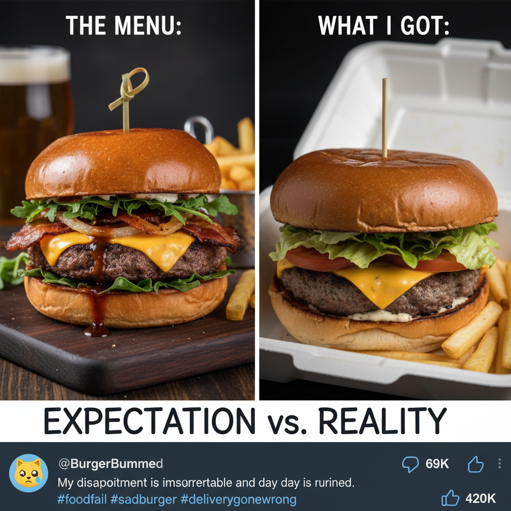 Ordered a gourmet burger, got a sad patty on a bun. My expectations are in shambles.