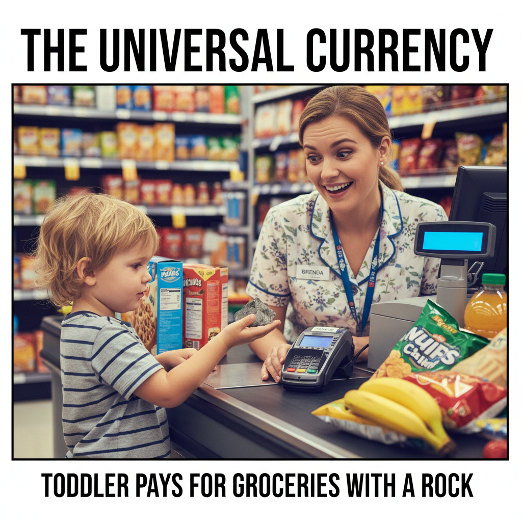 My toddler just tried to pay for groceries with a rock. Peak parenting.