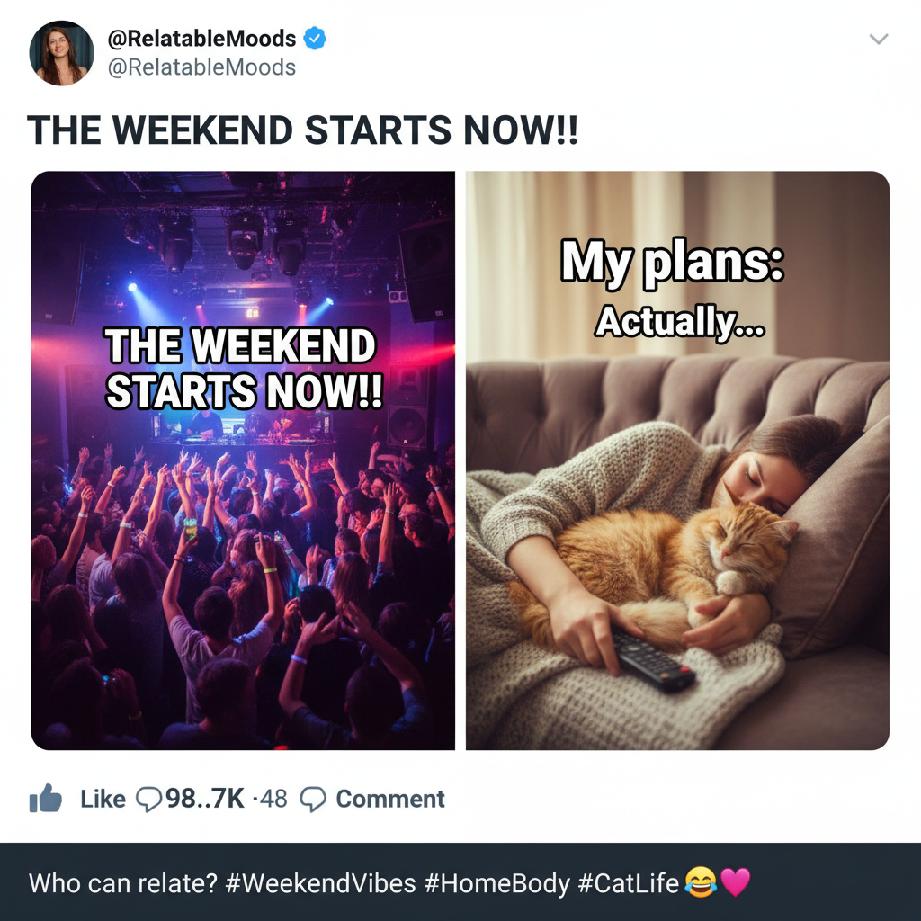 Friday night plans: Clubbing till dawn. Friday night reality: Asleep by 9 PM with my cat. #Adulting