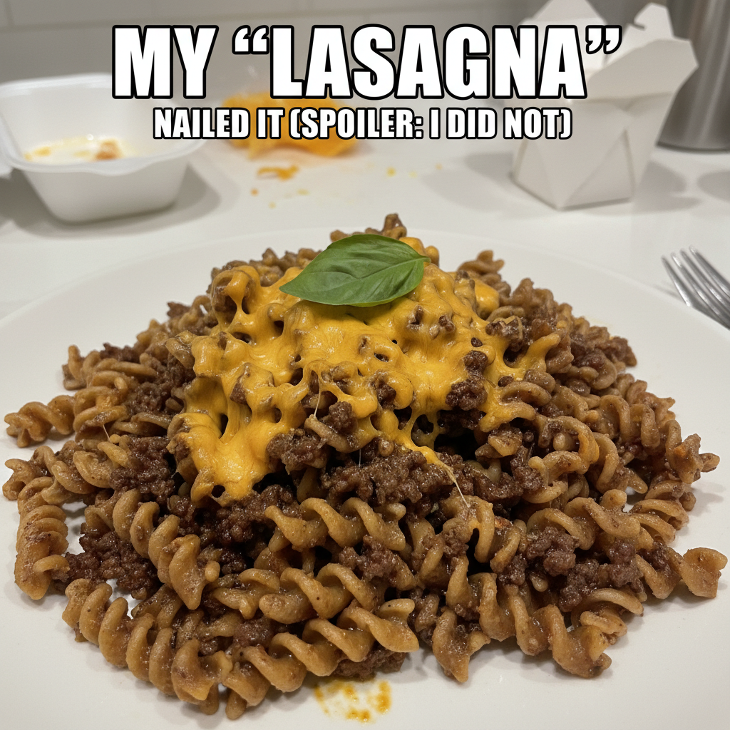 Tried to make a 'deconstructed' lasagna. Ended up with a pile of sad, cheesy pasta. Viral? Maybe. #CookingFail