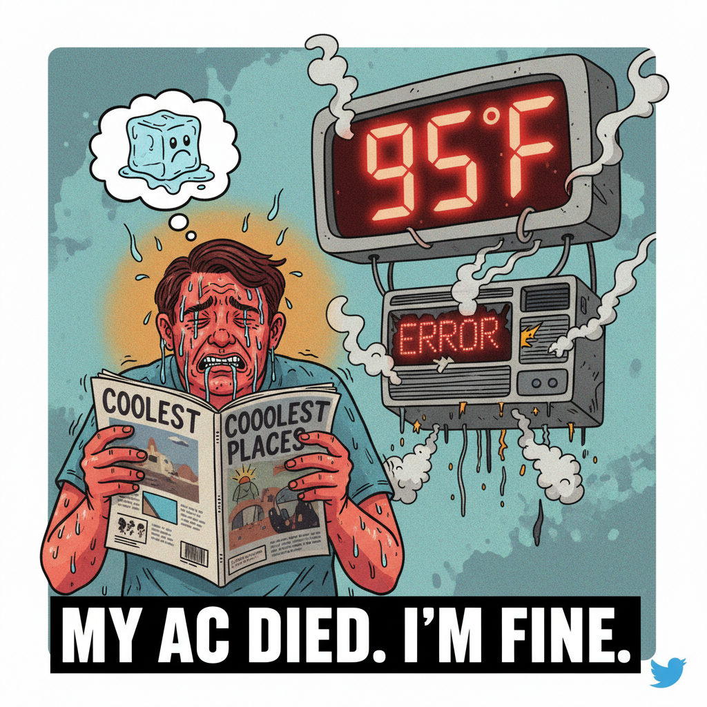 It's 95°F and my AC just died. Send ice cream and prayers. Or a snowstorm. #Heatwave