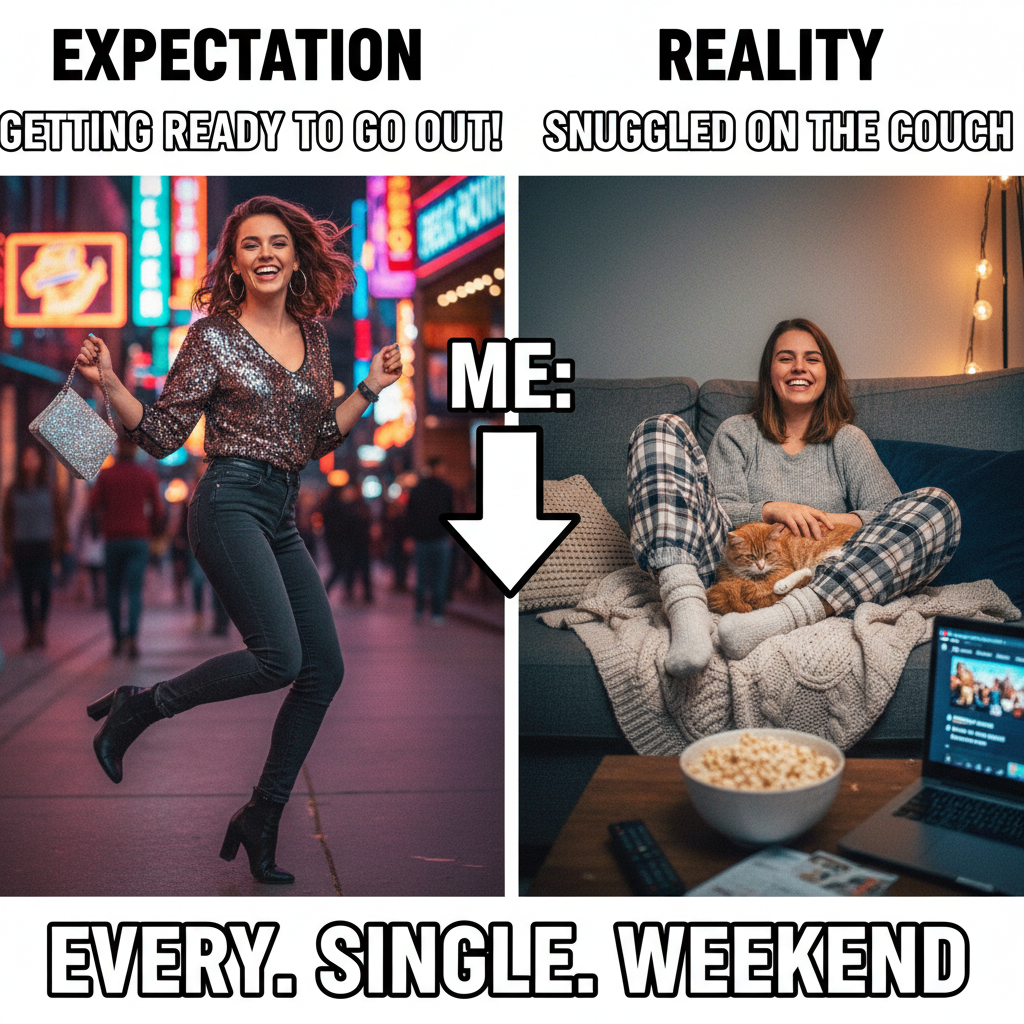 Extrovert: 'Let's go out!' Introvert: *already in pajamas* 'My couch needs me.'
