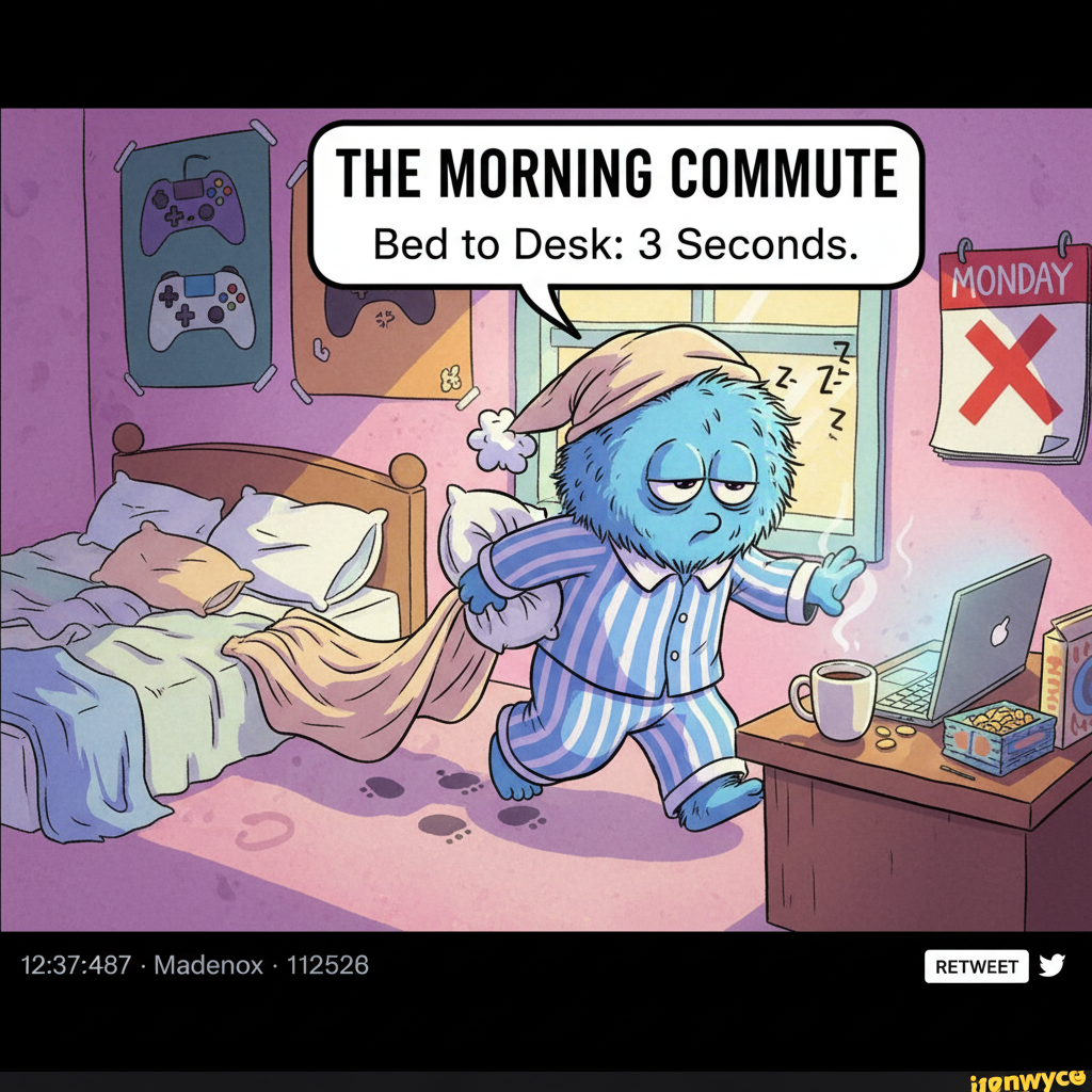 Work from home means my commute is now from my bed to my desk... in pajamas.