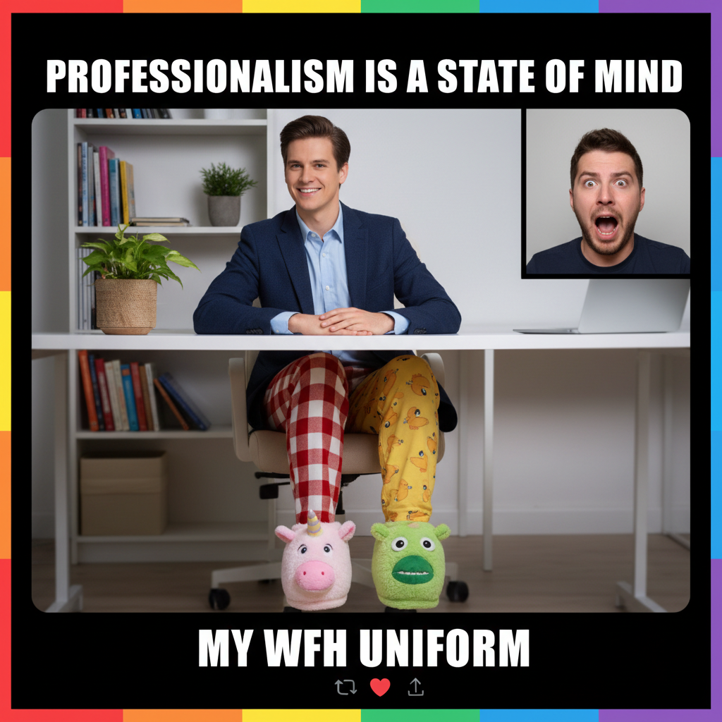 WFH uniform: Business on top, existential dread & sweatpants on the bottom.