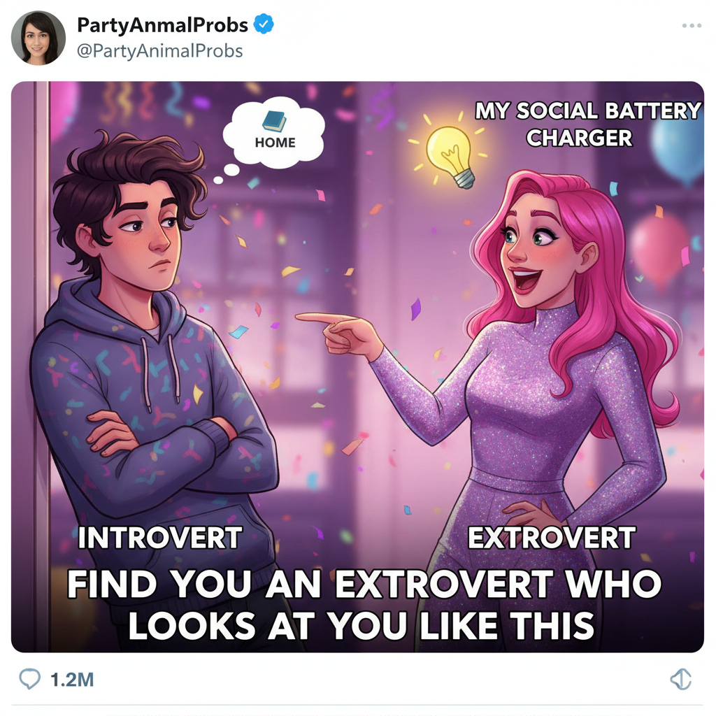 Introvert at a party: *recharges by staring at a wall*. Extrovert: 'OMG, you're so deep!'