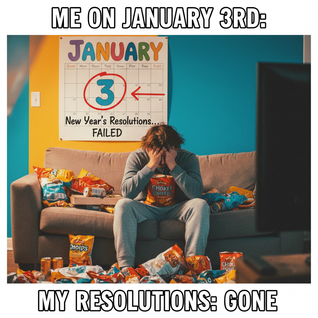 My New Year's resolution lasted 3 days. Send snacks, not judgment. #FailedButFed