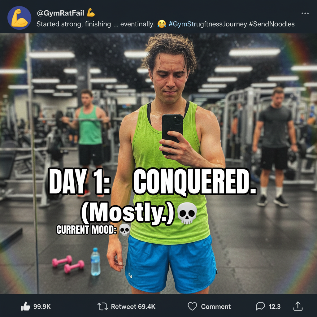 Went to the gym. Did one rep. Took a selfie. Called it a day. #FitnessJourney