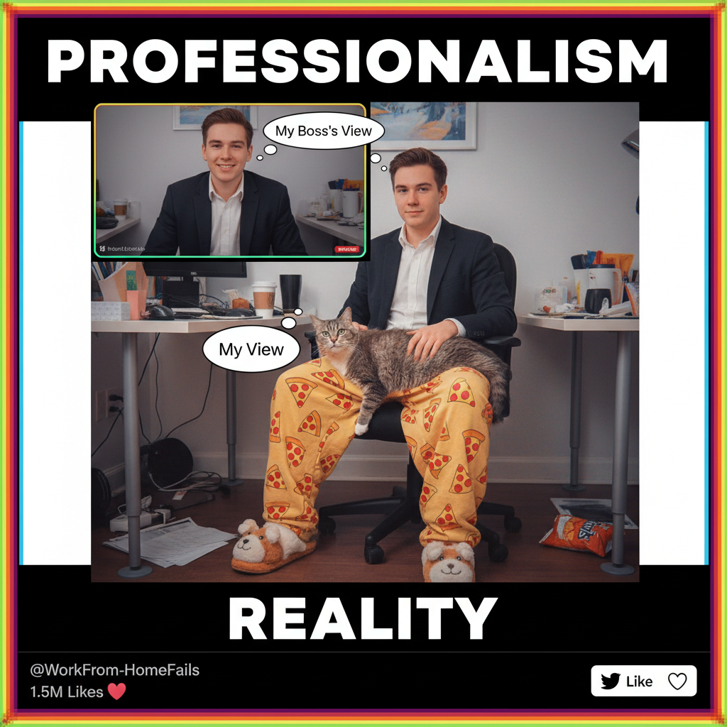 My WFH uniform: business on top, pajama pants on bottom, existential dread everywhere.