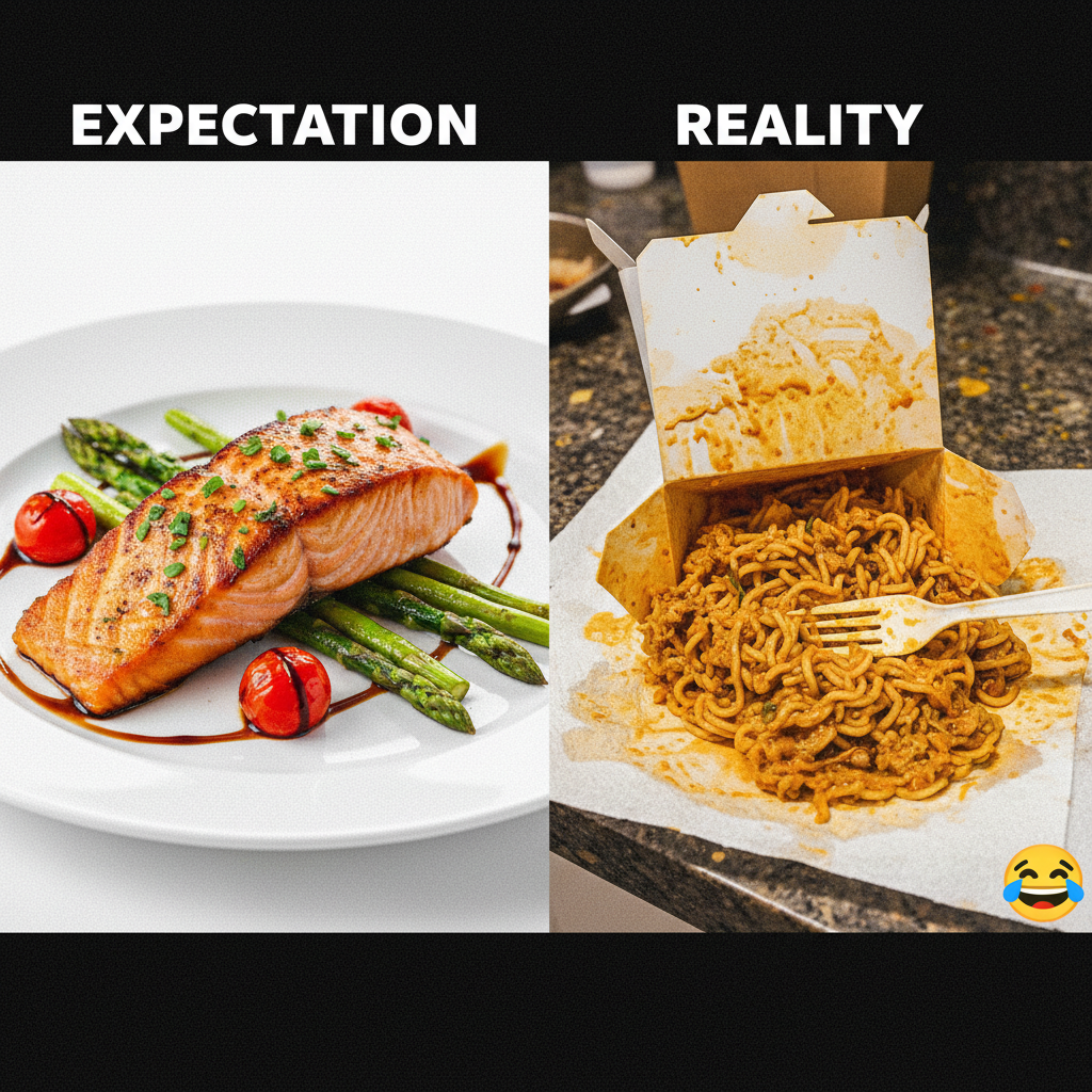 Food delivery expectations: gourmet meal. Reality: my order is upside down and cold.