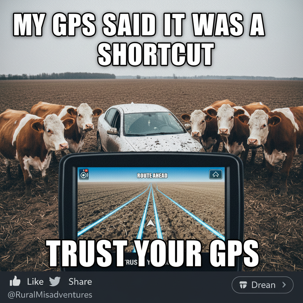 GPS said 'turn left in 500 feet.' We're currently in a cow pasture. Thanks, GPS.