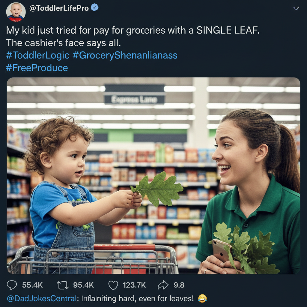 My toddler just tried to pay for groceries with a leaf. We're doing great.