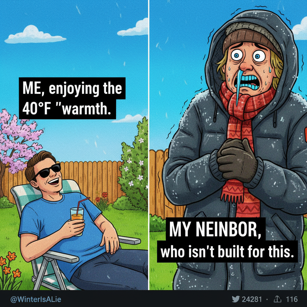It's 70 degrees in February and my neighbor is still complaining about the 'cold'.
