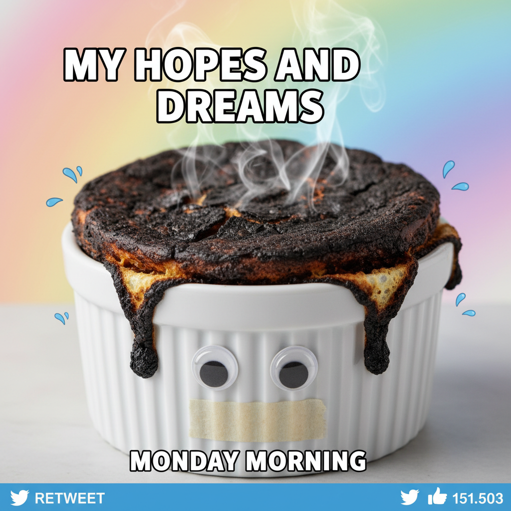 Attempted to make a soufflé. Ended up with a burnt pancake. Send help (and pizza).