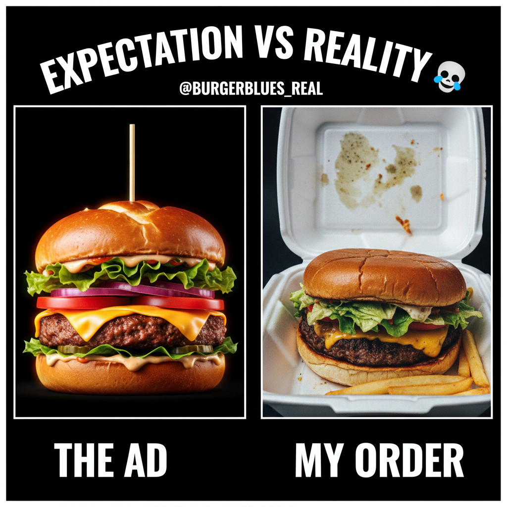 Ordered a gourmet burger. Got a sad patty in a box. My disappointment is immeasurable.
