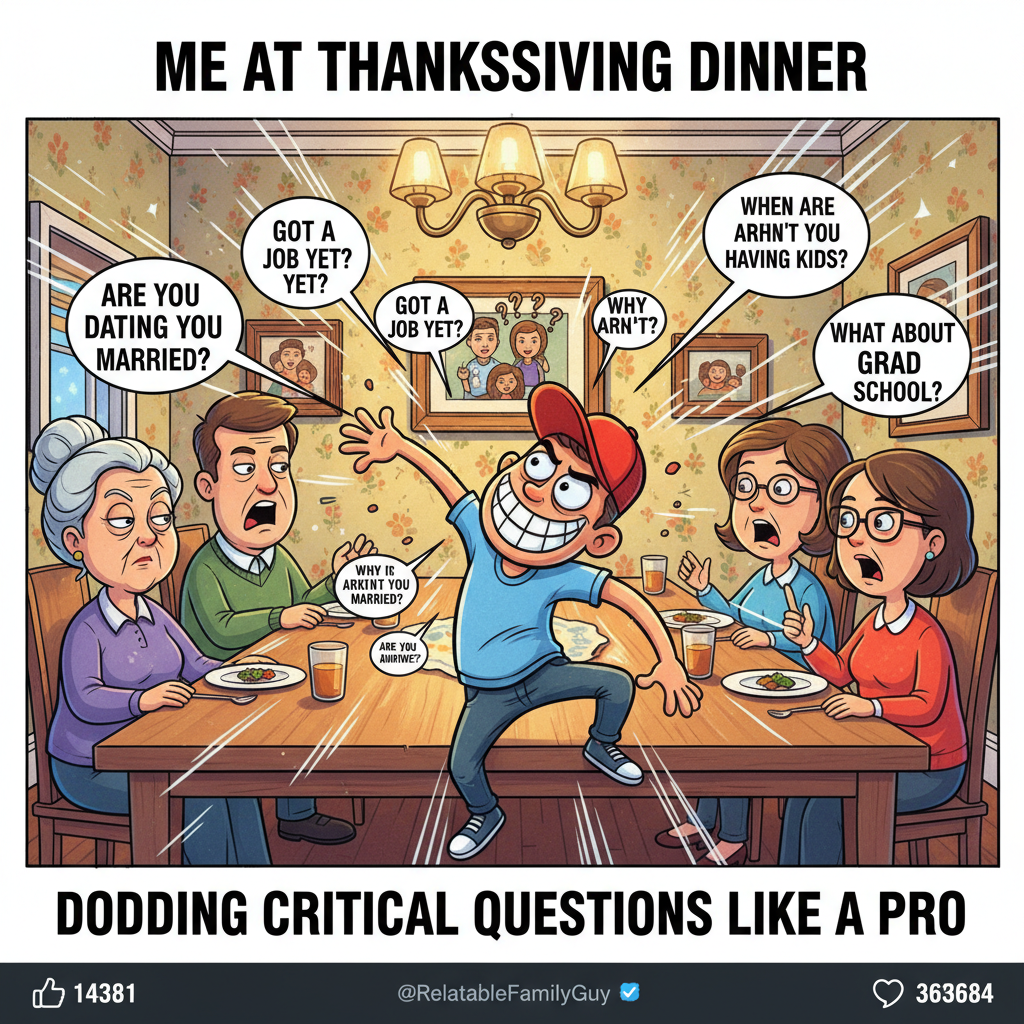 Holiday family dinner: 10% food, 90% dodging awkward questions. #SurvivalSkills