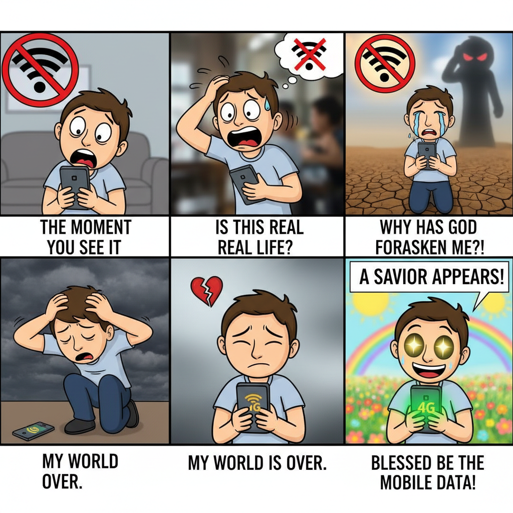 The 5 stages of grief when the WiFi goes down: Denial, Anger, Bargaining, Depression, Data.