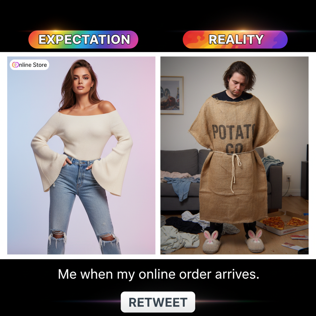 Ordered 'cute top,' got a potato sack. My online shopping regrets are building a small mountain. 🥔🛍️