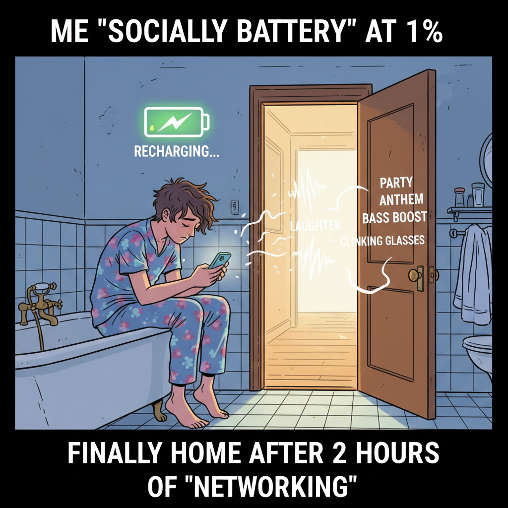 Me, an introvert, at a party: recharging my social battery in the host's bathroom. Don't disturb. 🔋🤫