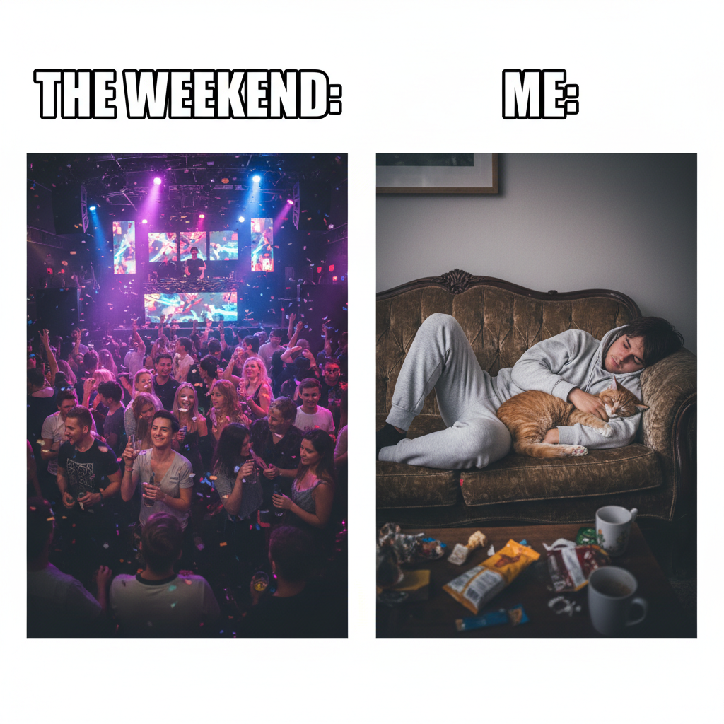 Friday night plans: Clubbing till dawn. Friday night reality: Asleep by 9 with my cat. 😴🐈