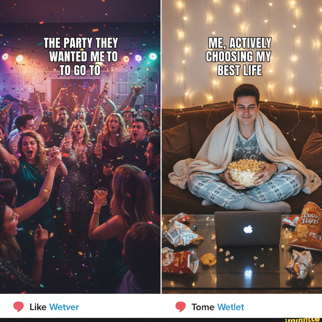 My extrovert friend: 'Let's go to that huge party!' Me, an introvert: 'My couch has snacks.'
