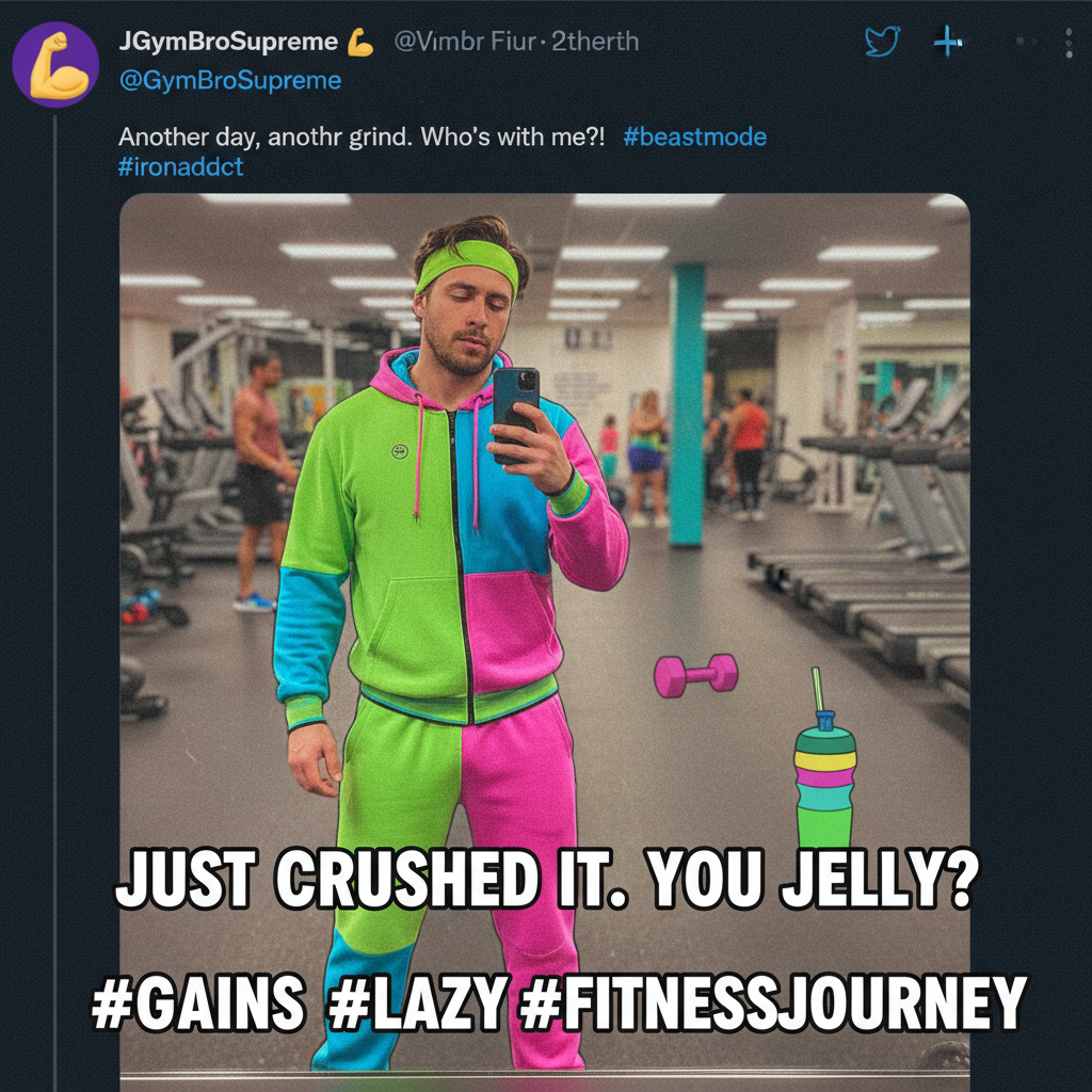 Went to the gym, did 3 reps, took a selfie, called it a day. #FitnessJourney