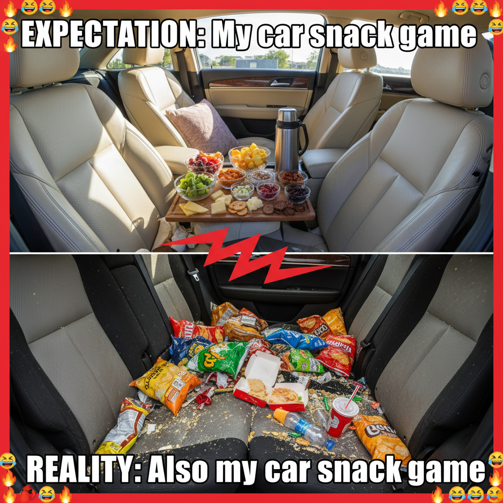 Road trip snacks: expectations vs. reality. My backseat is a crumb-filled disaster zone.