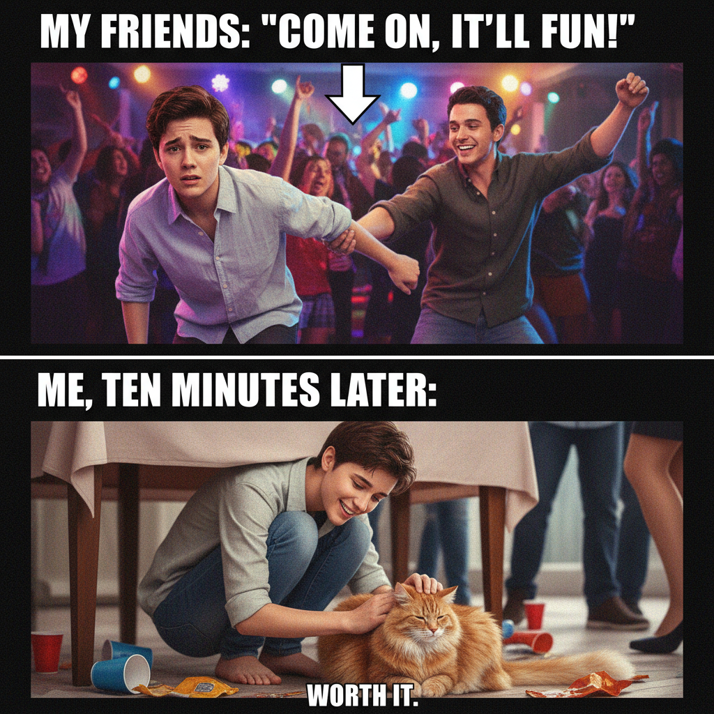 My extrovert friend dragging me to a party vs. me finding the host's cat and hiding.