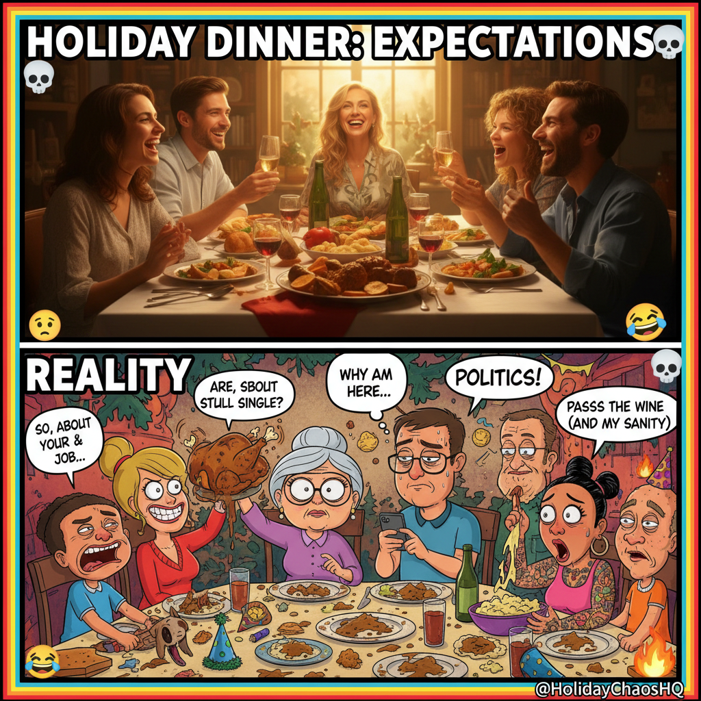 Holiday dinner: where family drama is the main course and passive aggression is dessert.