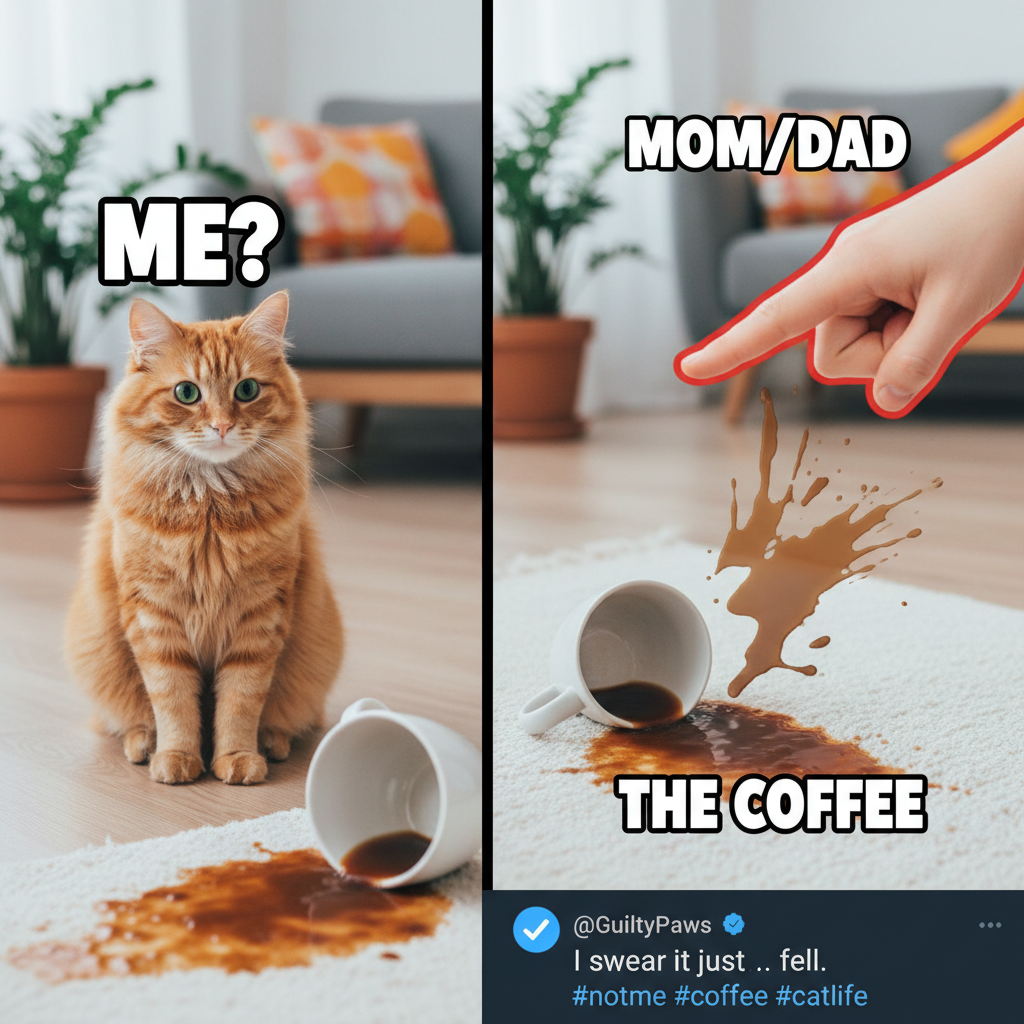 My cat just knocked my coffee over, then looked at me like I did it. The audacity!