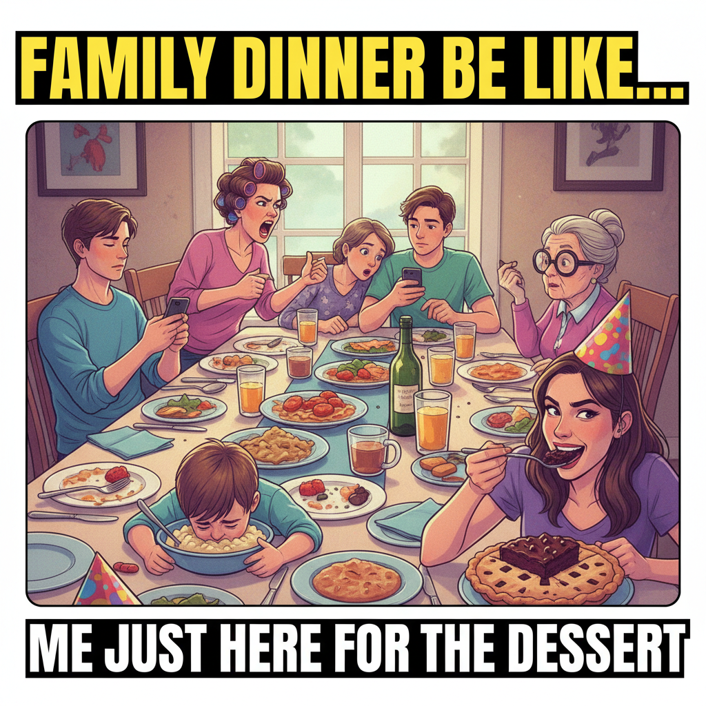 Holiday family dinner: 2 hours of awkward small talk, 1 hour of political debates, 30 mins of dessert.