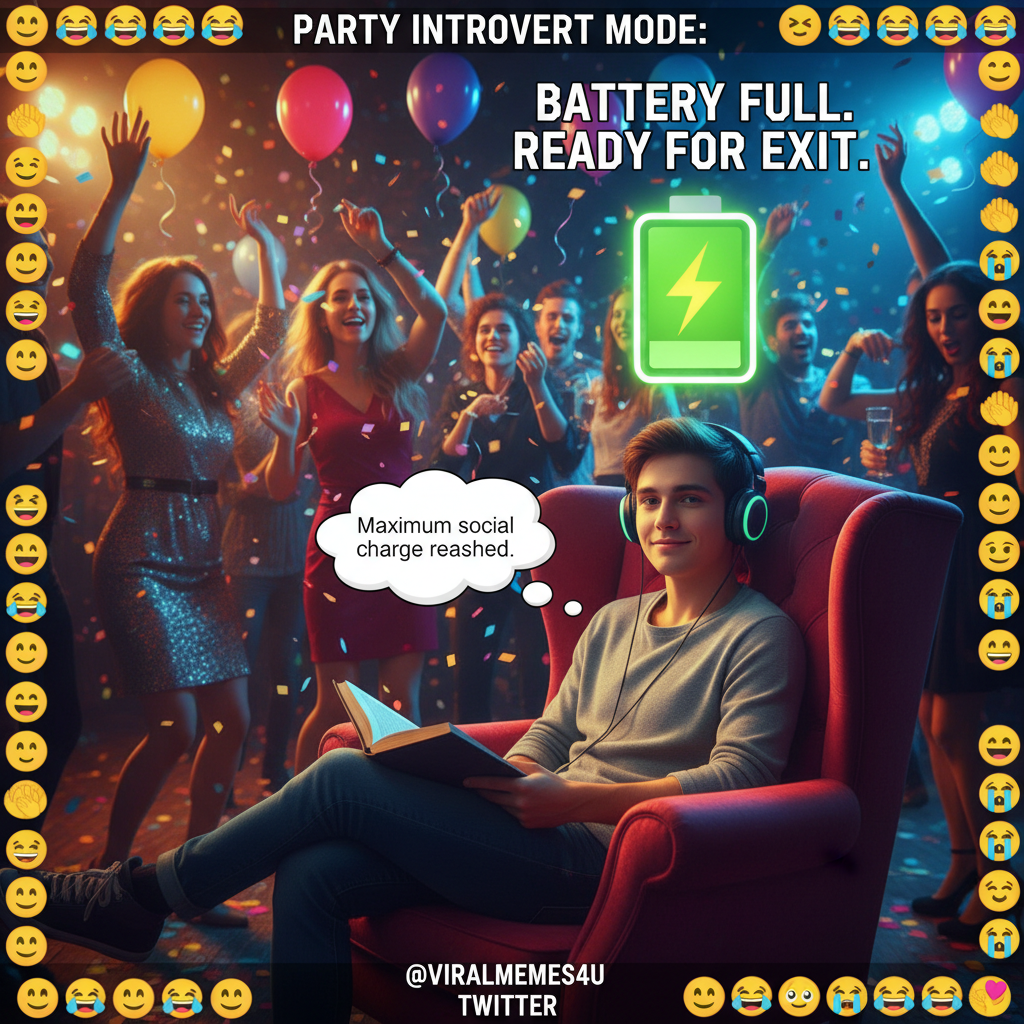 Introvert at a party: 'I've recharged enough social batteries for the next 3 years.'