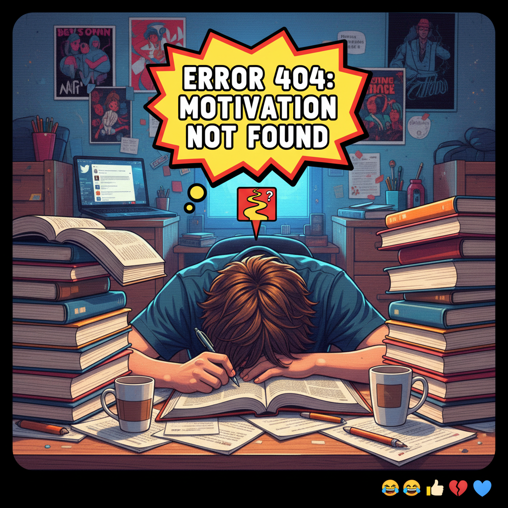 My brain during exam season: 'Error 404: Motivation not found.'