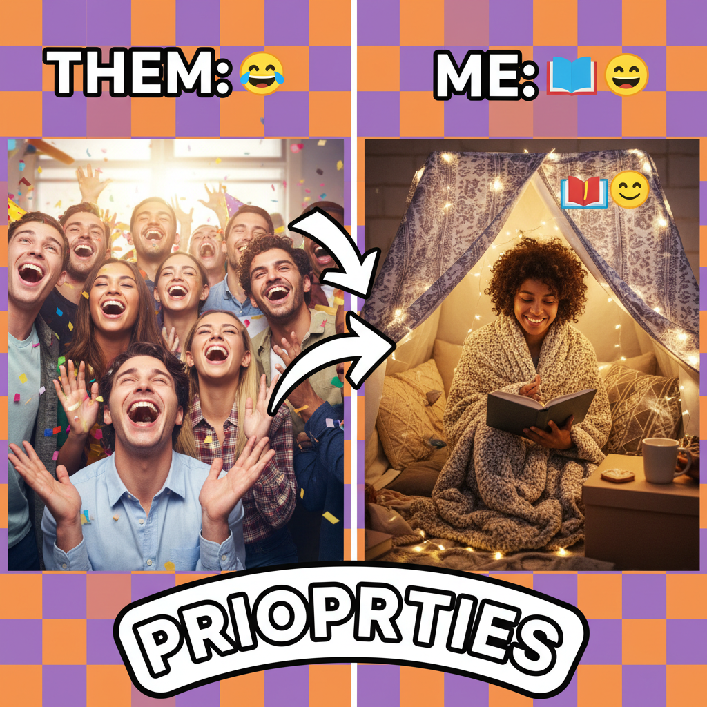 Extrovert: 'Let's go out!' Introvert: *already in bed by 8 PM* 'Can't hear you over my blanket fort!'