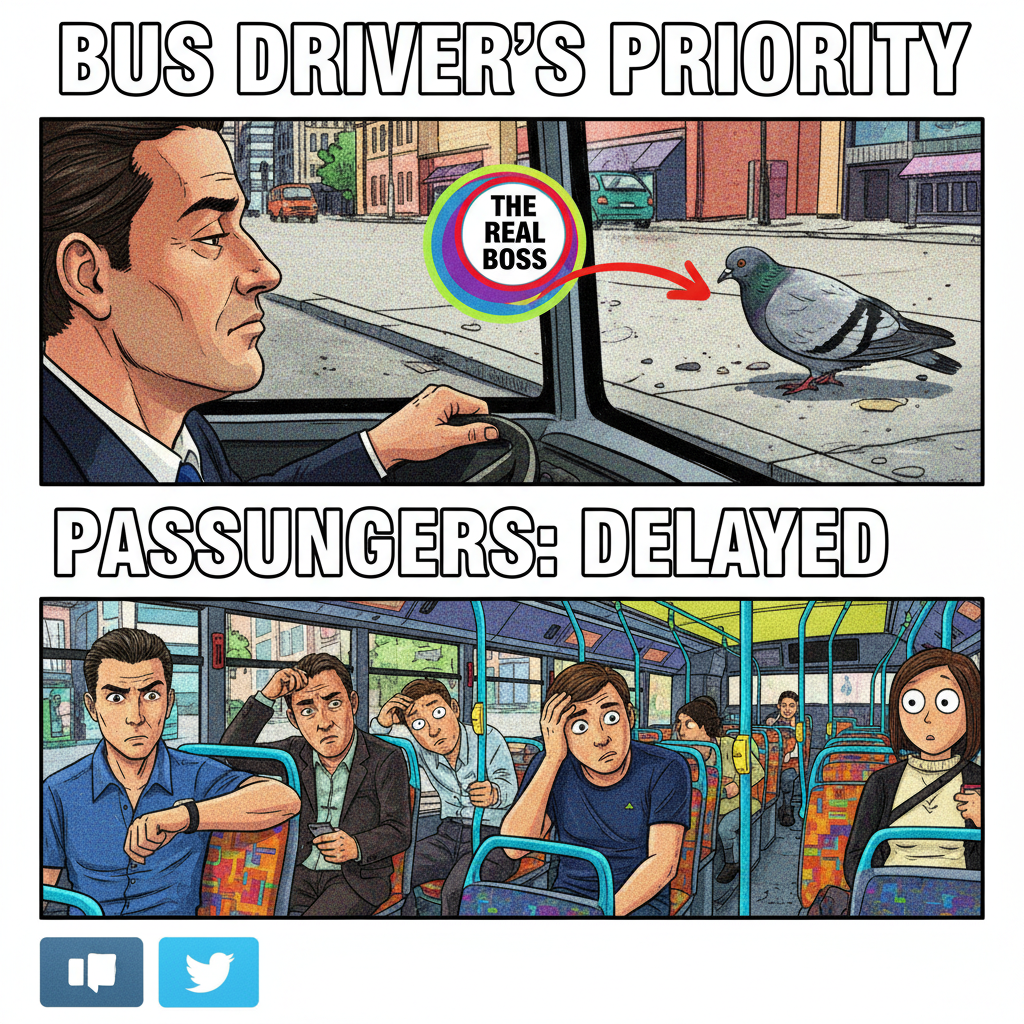 The bus driver just stopped for 5 minutes to stare at a pigeon. Peak public transport.