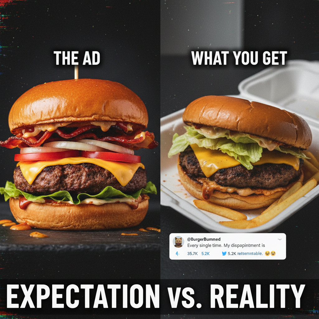 Ordered a gourmet burger, got a sad patty. My disappointment is immeasurable.
